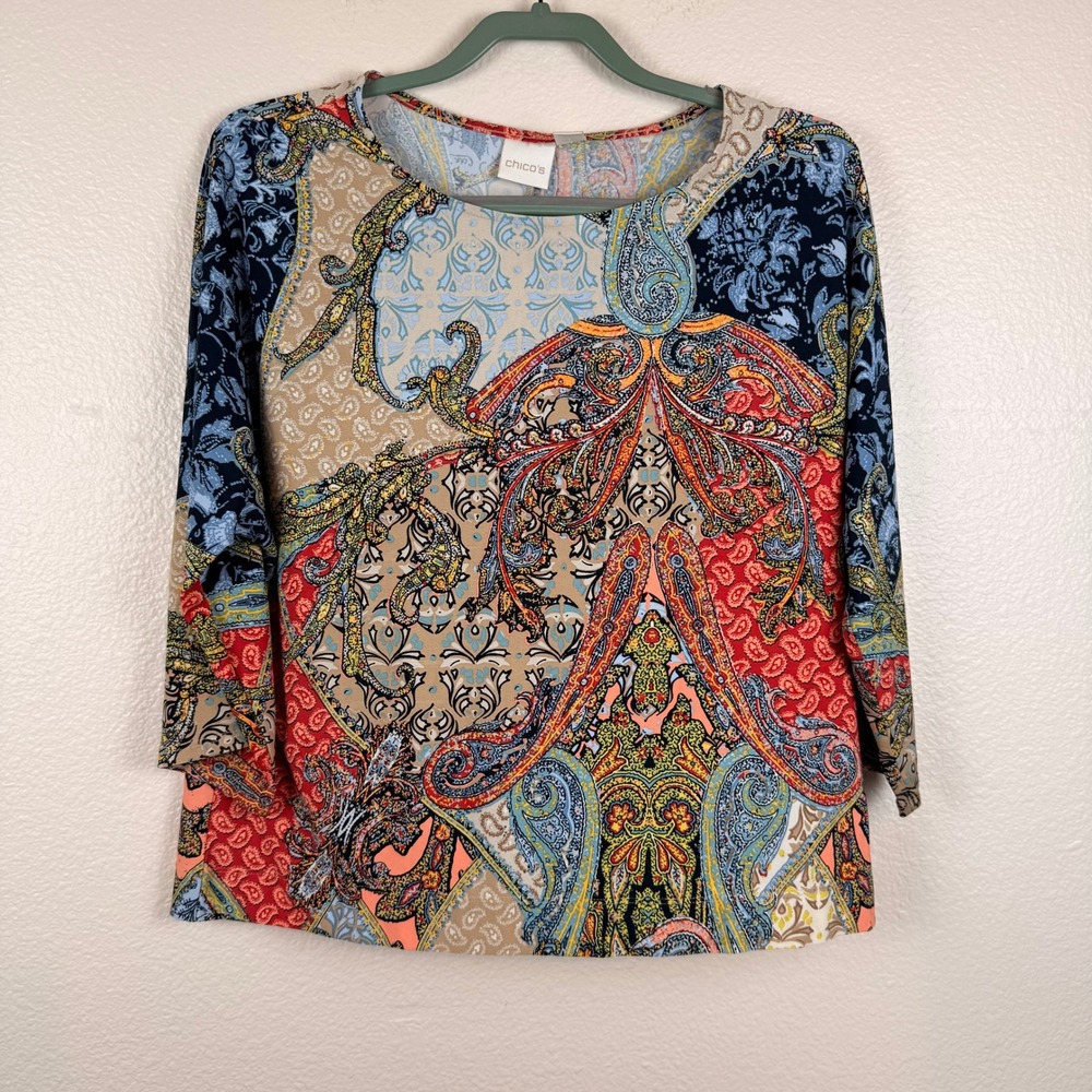 Chicos Paisley Top Womens M Boho Travel 3/4 Sleeve Comfy Boat Neck Patchwork